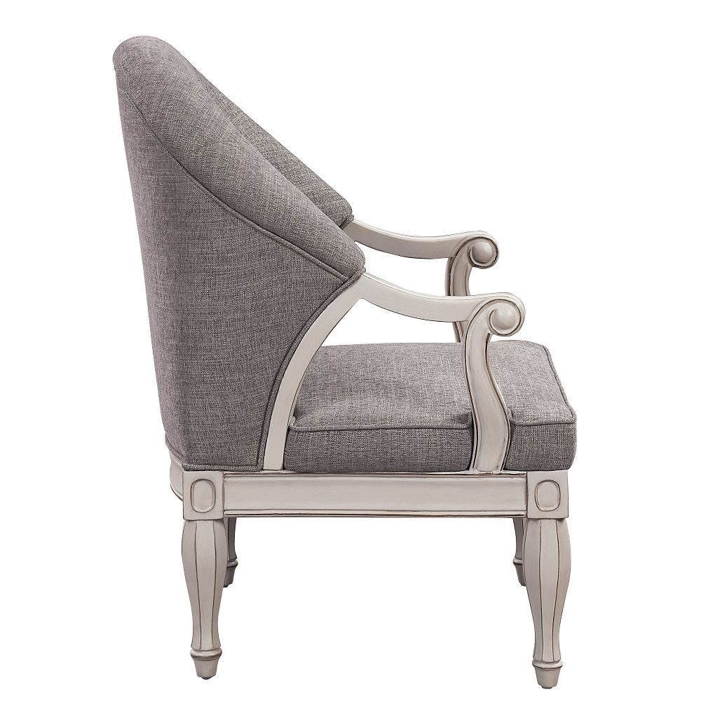 Acme LV02121 Florian antique white finish wood rustic modern tufted back accent chair with grey fabric