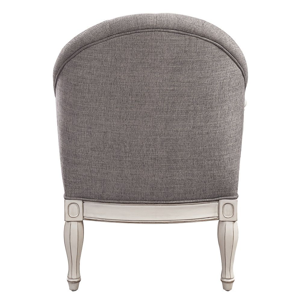 Acme LV02121 Florian antique white finish wood rustic modern tufted back accent chair with grey fabric