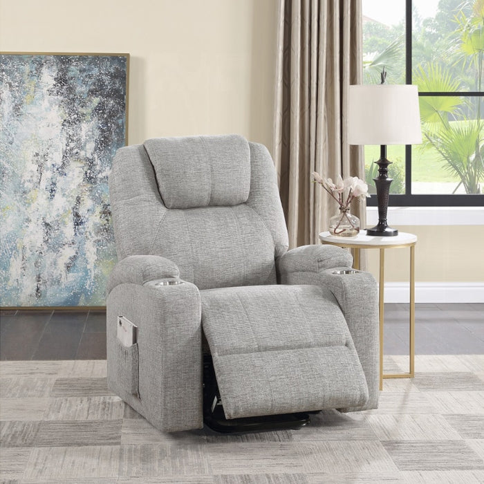 Acme LV02180 Evander light grey chenille power lift power recliner chair cup holders