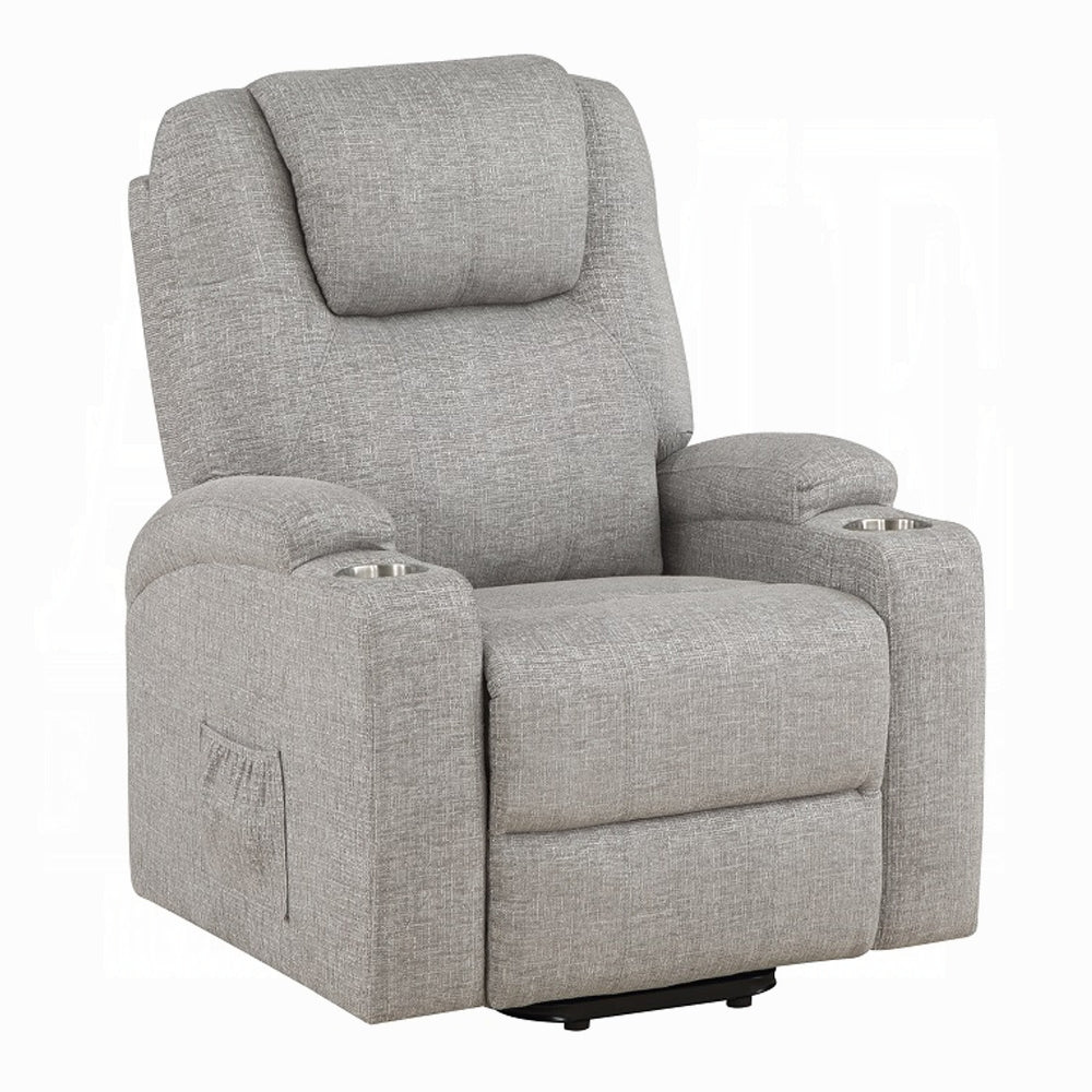 Acme LV02180 Evander light grey chenille power lift power recliner chair cup holders