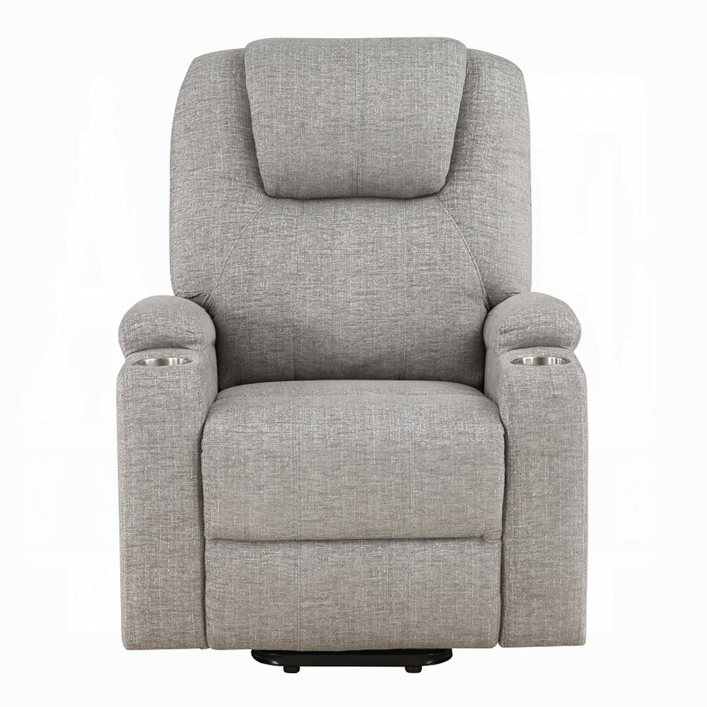 Acme LV02180 Evander light grey chenille power lift power recliner chair cup holders