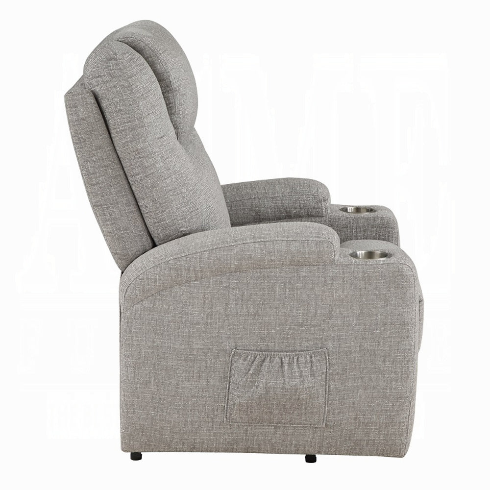 Acme LV02180 Evander light grey chenille power lift power recliner chair cup holders