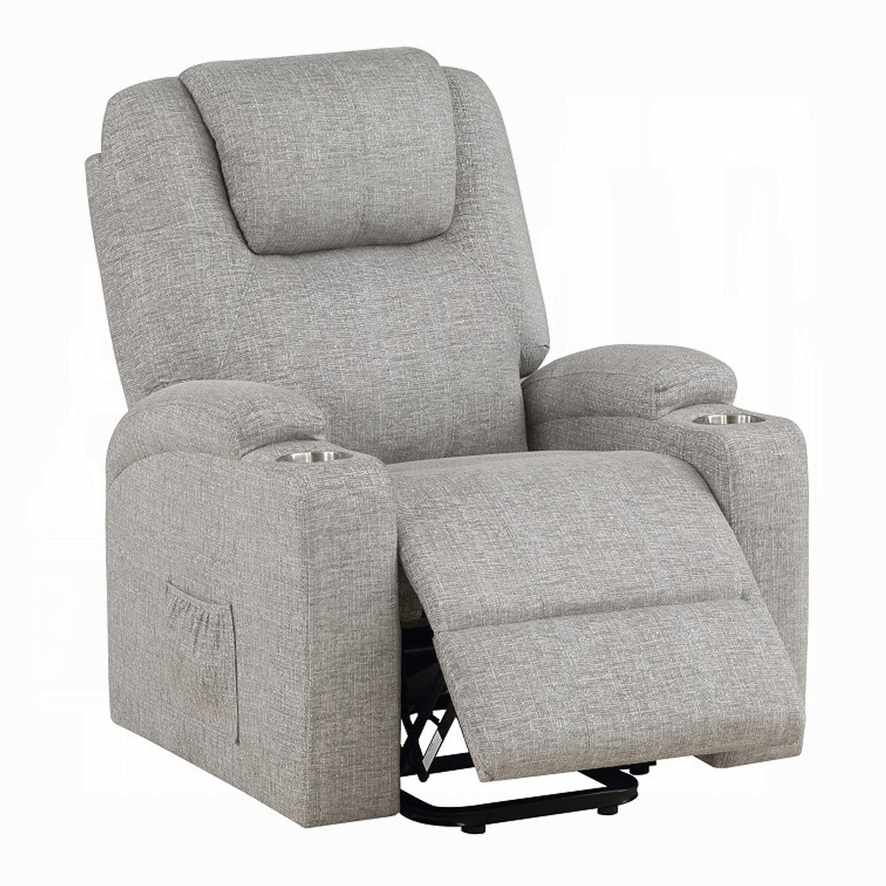 Acme LV02180 Evander light grey chenille power lift power recliner chair cup holders