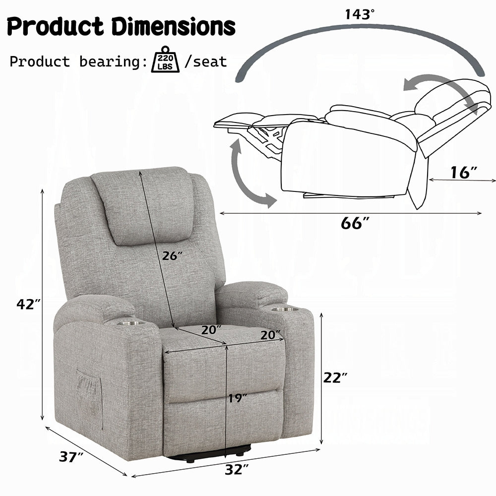 Acme LV02180 Evander light grey chenille power lift power recliner chair cup holders
