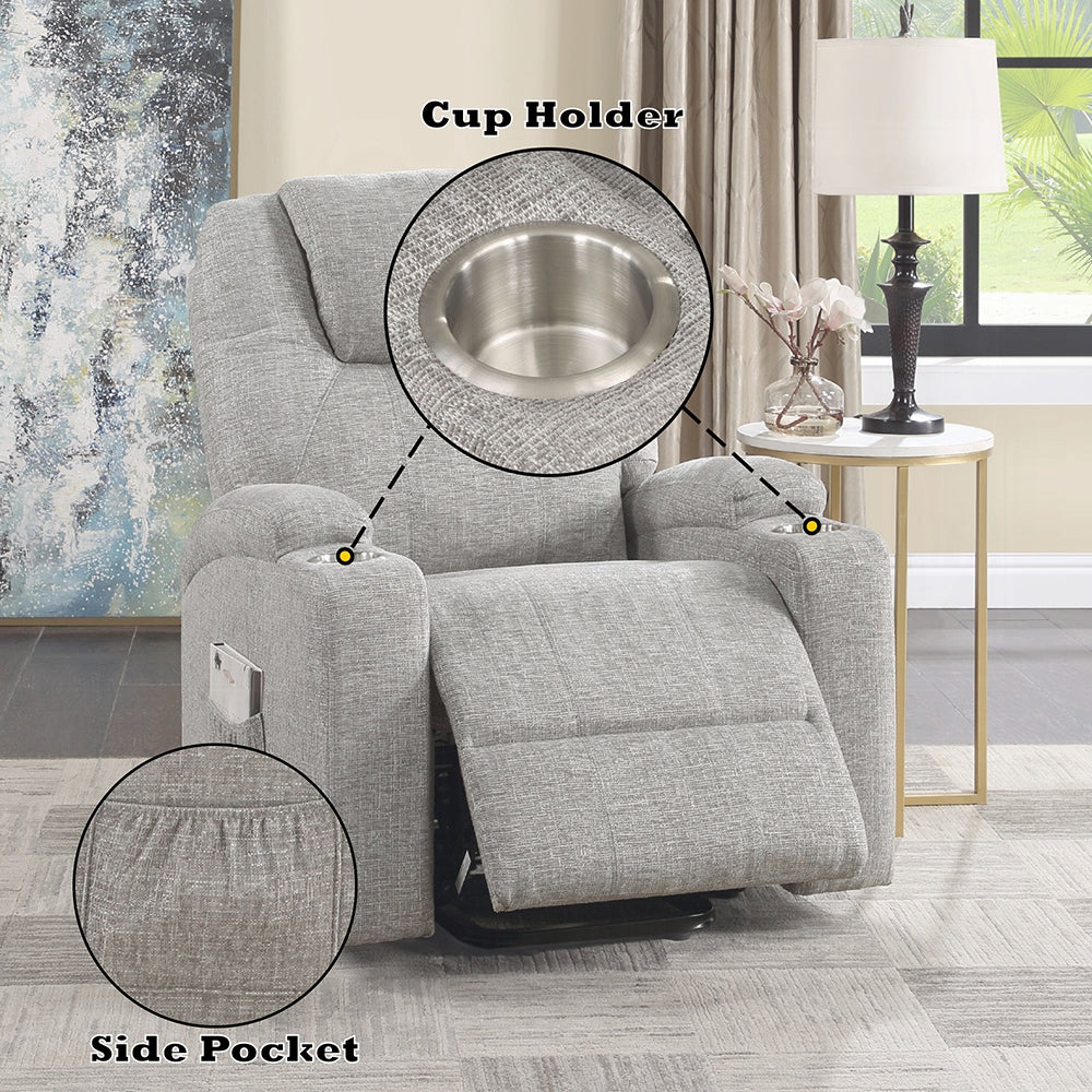 Acme LV02180 Evander light grey chenille power lift power recliner chair cup holders