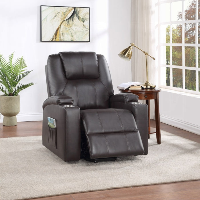 Acme LV02181 Evander dark brown faux leather power lift power recliner chair cup holders