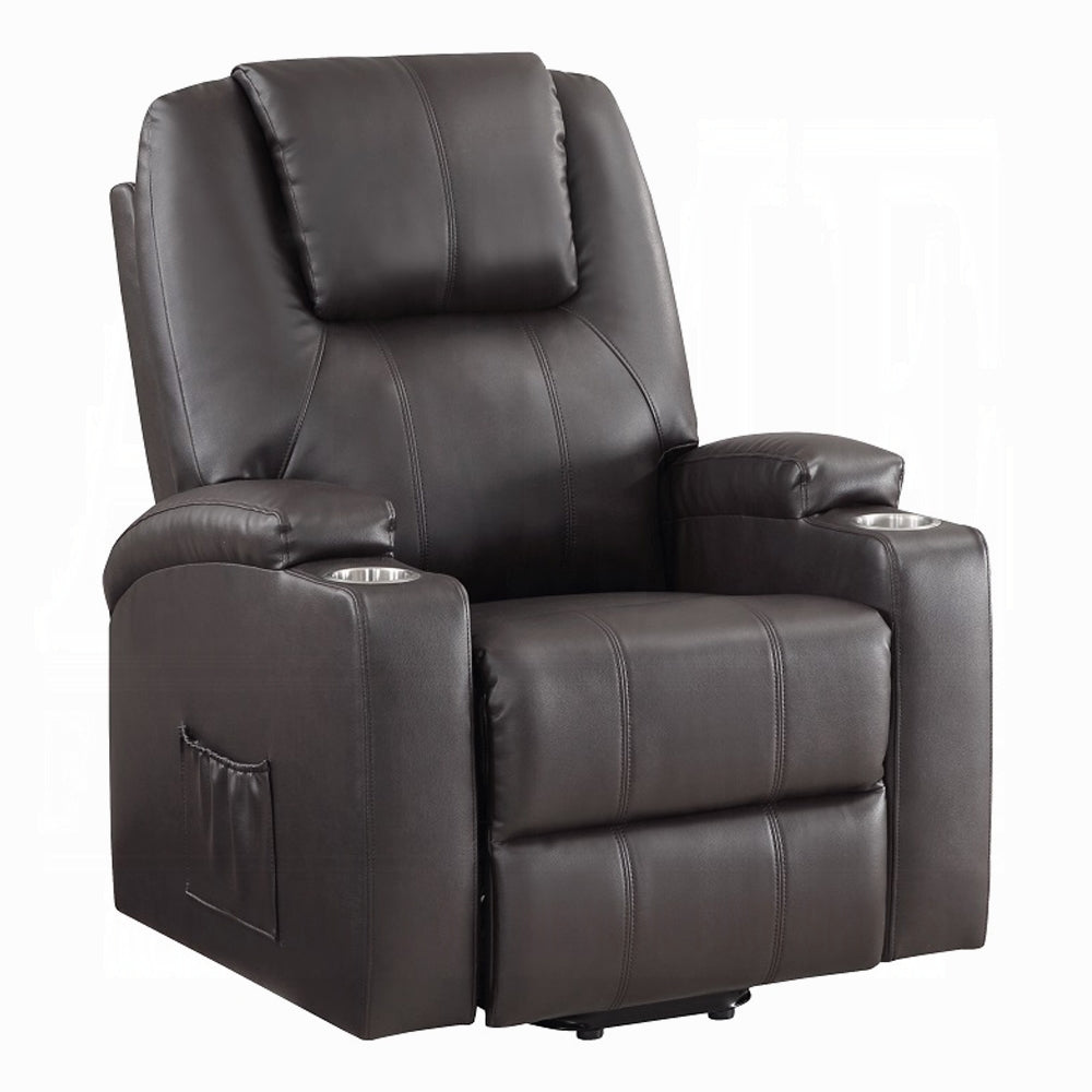 Acme LV02181 Evander dark brown faux leather power lift power recliner chair cup holders
