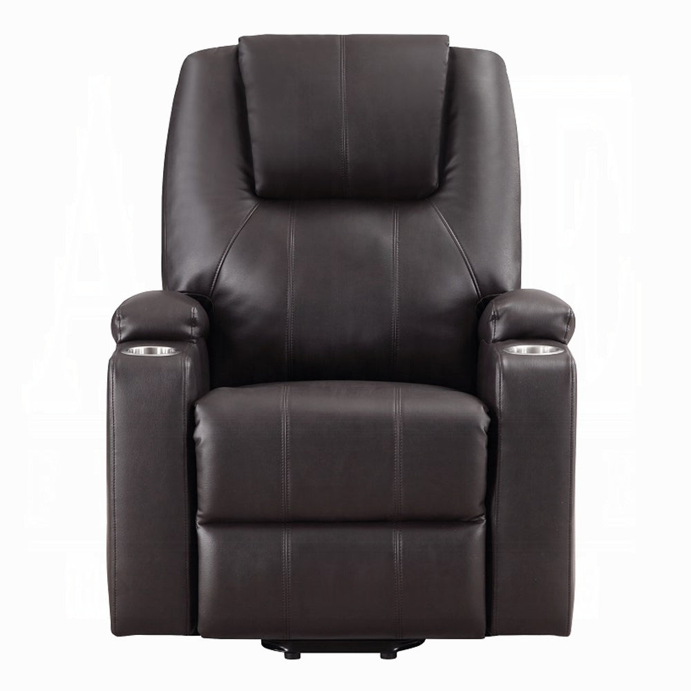 Acme LV02181 Evander dark brown faux leather power lift power recliner chair cup holders
