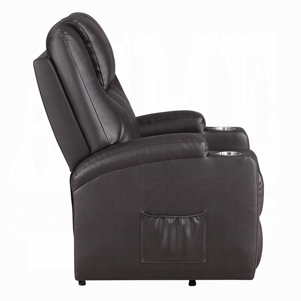 Acme LV02181 Evander dark brown faux leather power lift power recliner chair cup holders