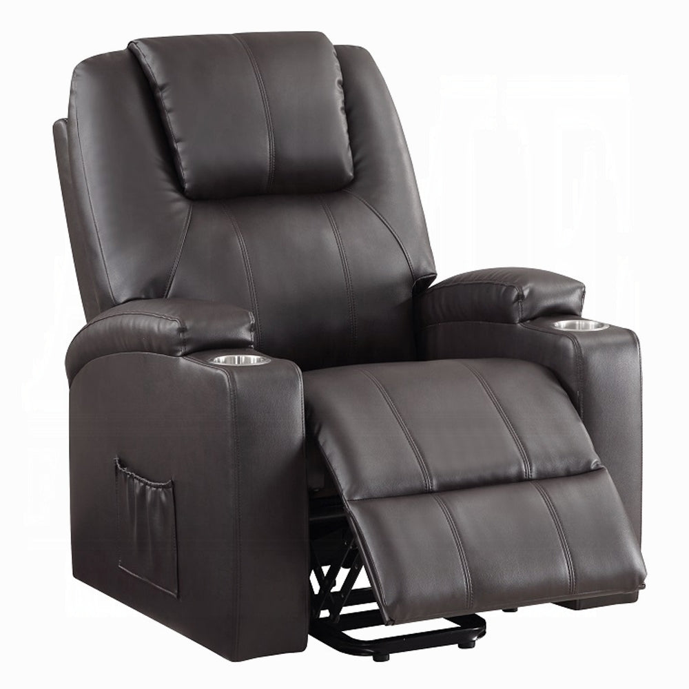 Acme LV02181 Evander dark brown faux leather power lift power recliner chair cup holders