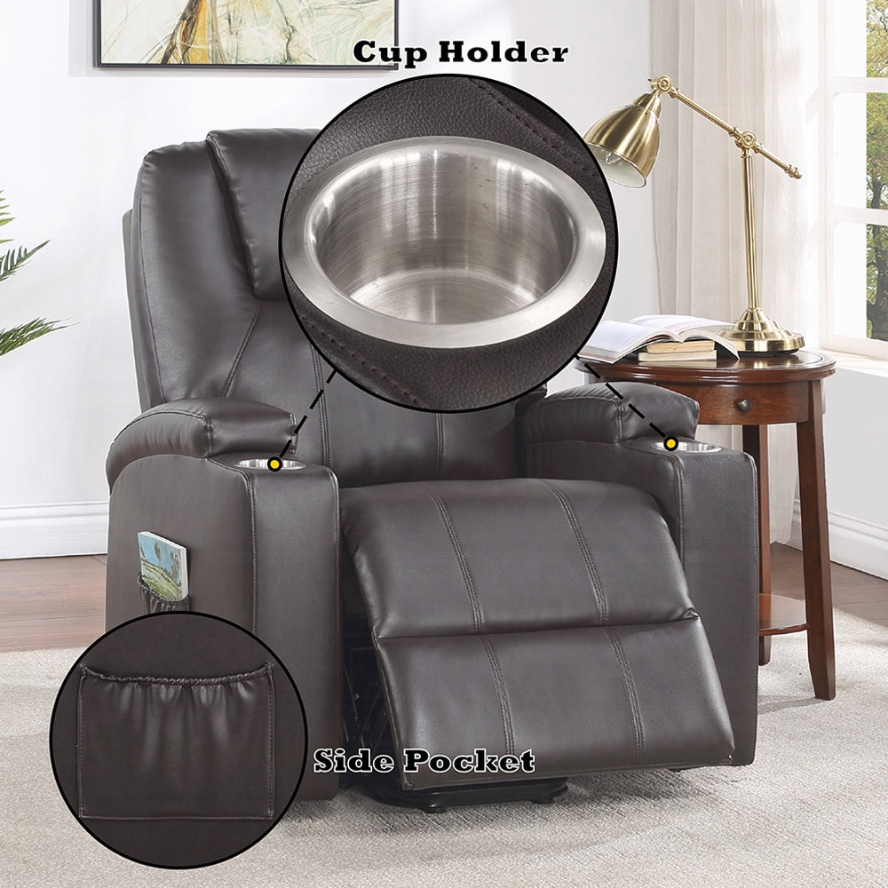 Acme LV02181 Evander dark brown faux leather power lift power recliner chair cup holders