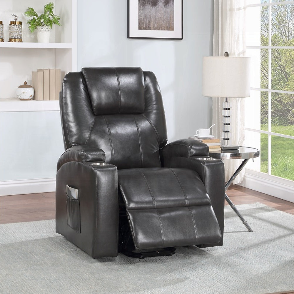 Acme LV02182 Evander gunmetal faux leather power lift power recliner chair cup holders
