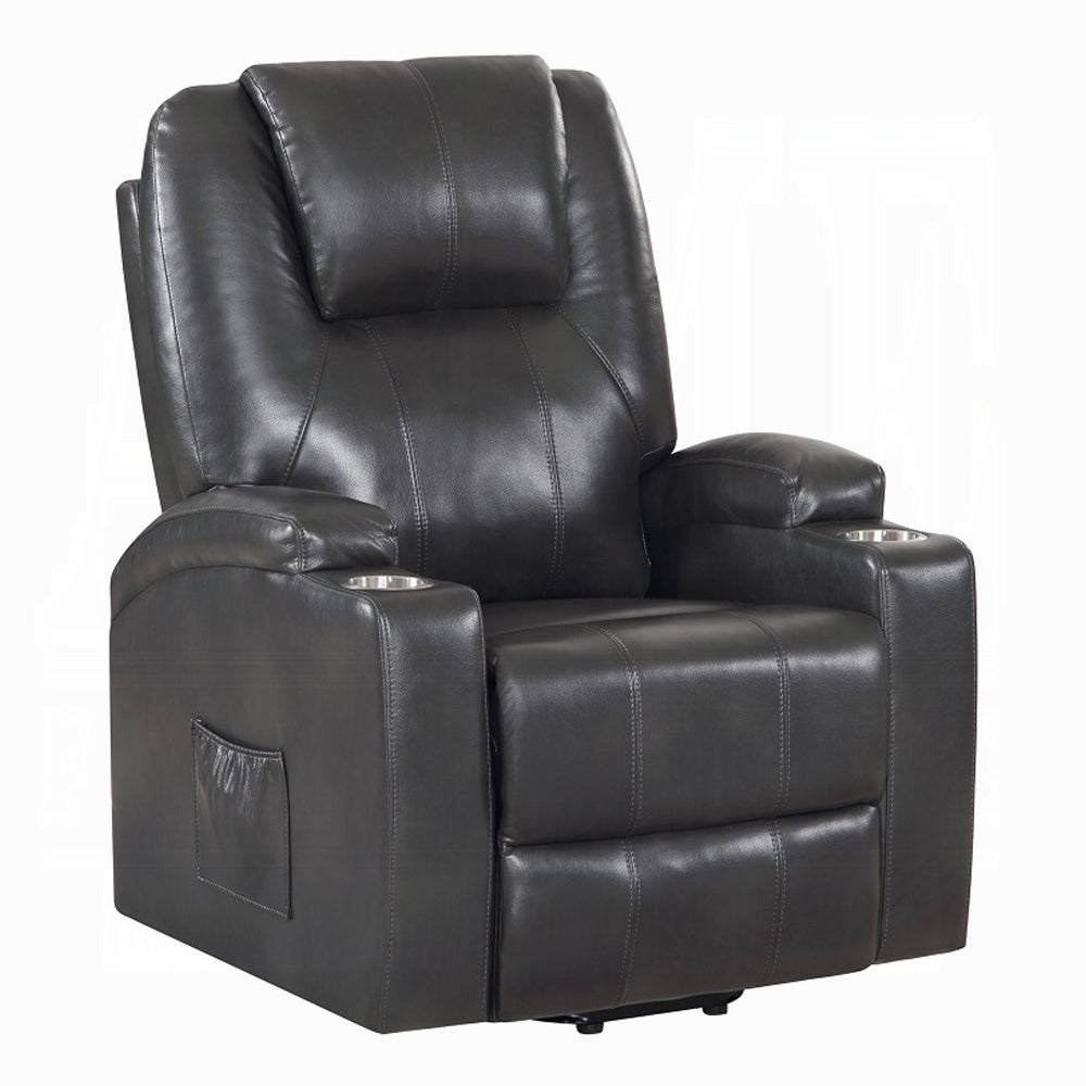 Acme LV02182 Evander gunmetal faux leather power lift power recliner chair cup holders