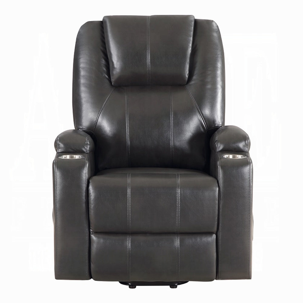 Acme LV02182 Evander gunmetal faux leather power lift power recliner chair cup holders