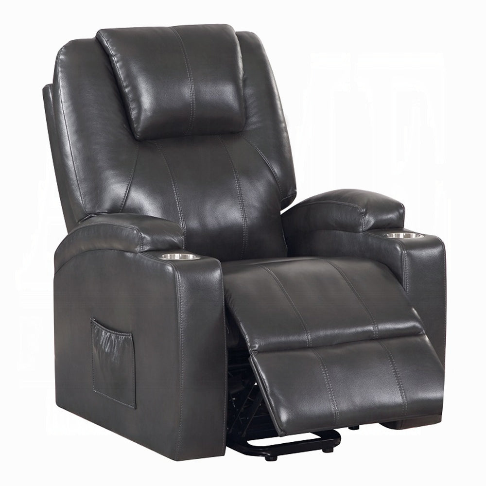 Acme LV02182 Evander gunmetal faux leather power lift power recliner chair cup holders