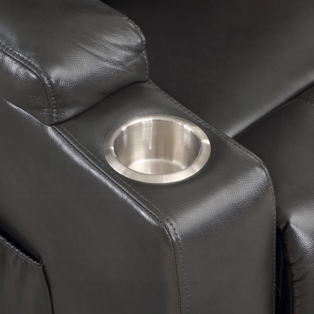 Acme LV02182 Evander gunmetal faux leather power lift power recliner chair cup holders