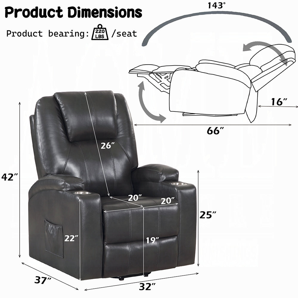 Acme LV02182 Evander gunmetal faux leather power lift power recliner chair cup holders