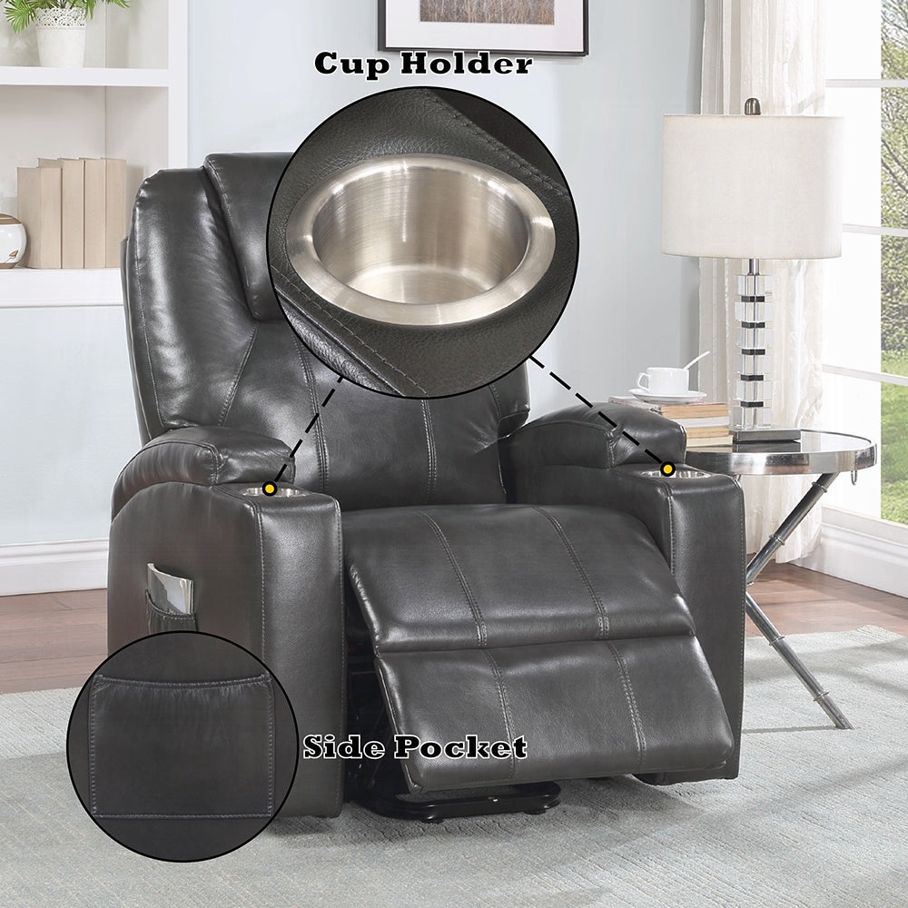 Acme LV02182 Evander gunmetal faux leather power lift power recliner chair cup holders