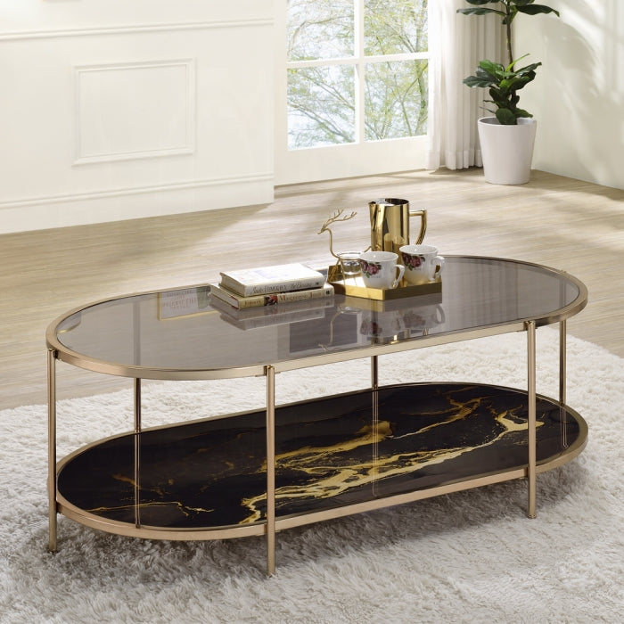 Acme LV02222 Fiorella champagne finish metal oval faux marble top print coffee table