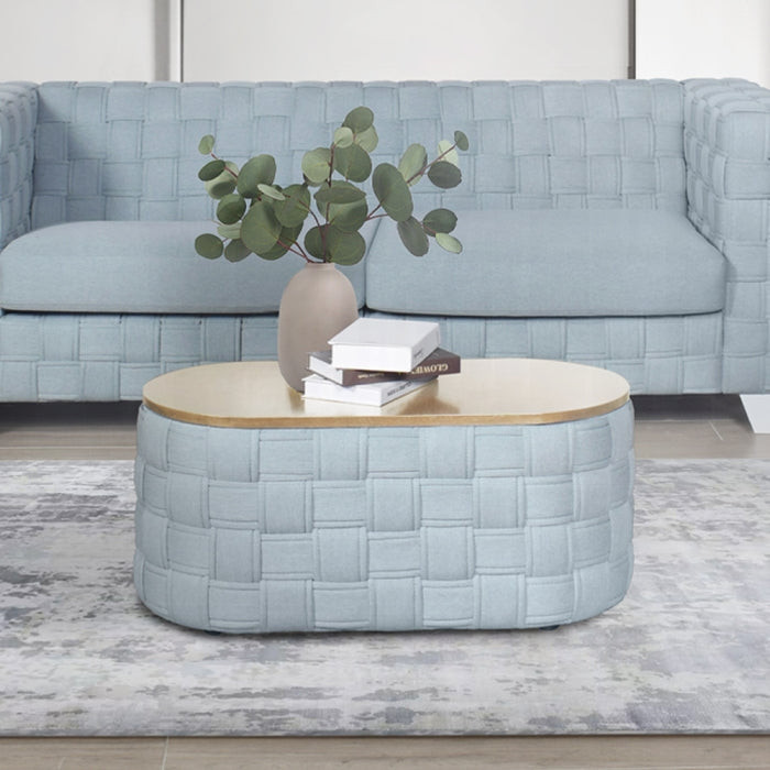 Acme LV02349 Saree light teal chenille fabric woven design natural finish wood oval top coffee table