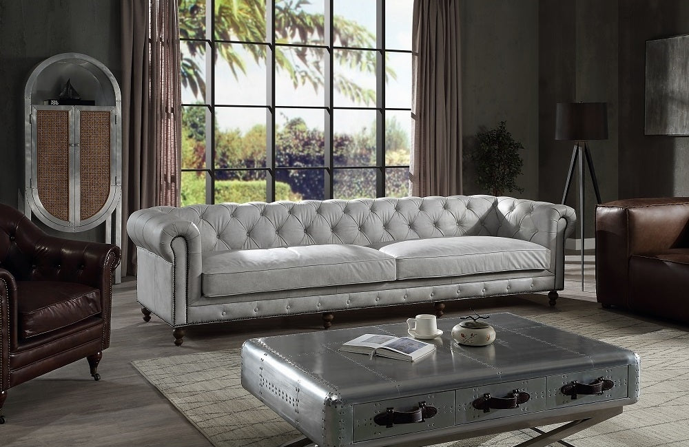 Acme LV02404 Ofer vintage white top grain leather chesterfield style button tufted 122" sofa