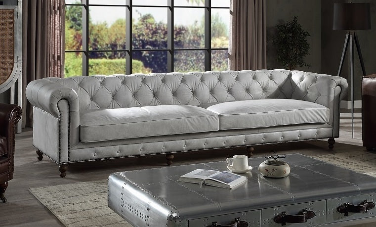 Acme LV02404 Ofer vintage white top grain leather chesterfield style button tufted 122" sofa