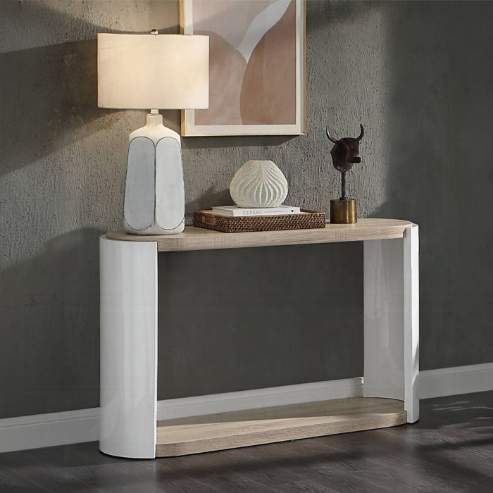Acme LV02416 Zoma white high gloss finish wood and oak oval sofa console entry table