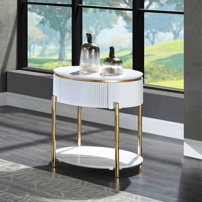 Acme LV02465 Daveigh white high gloss textured design gold trim accents modern design chair side end table with drawer