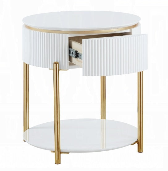 Acme LV02465 Daveigh white high gloss textured design gold trim accents modern design chair side end table with drawer