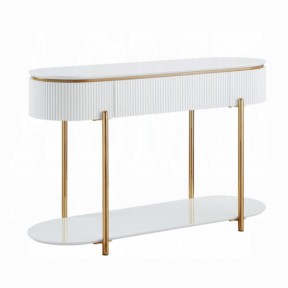 Acme LV02466 Daveigh white high gloss textured design gold trim accents modern design sofa entry console table with drawer