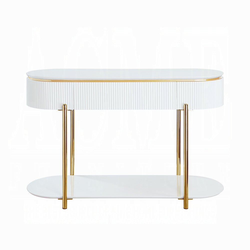 Acme LV02466 Daveigh white high gloss textured design gold trim accents modern design sofa entry console table with drawer