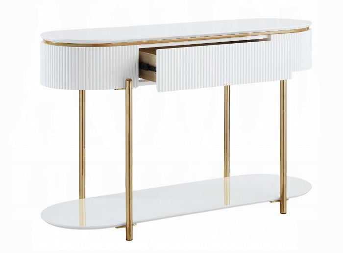 Acme LV02466 Daveigh white high gloss textured design gold trim accents modern design sofa entry console table with drawer