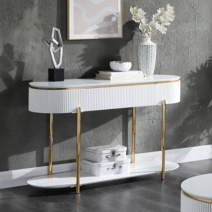 Acme LV02466 Daveigh white high gloss textured design gold trim accents modern design sofa entry console table with drawer