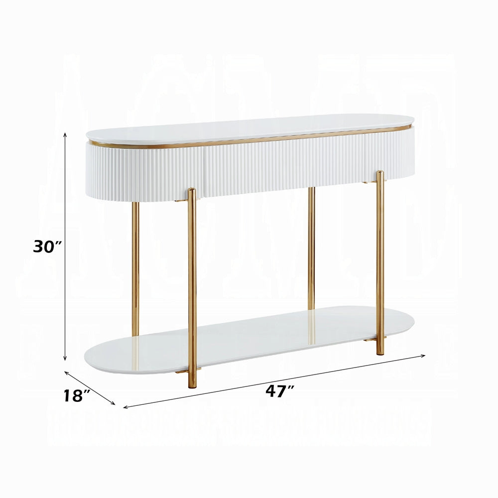 Acme LV02466 Daveigh white high gloss textured design gold trim accents modern design sofa entry console table with drawer