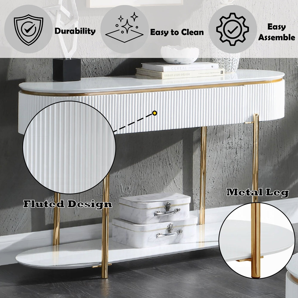 Acme LV02466 Daveigh white high gloss textured design gold trim accents modern design sofa entry console table with drawer
