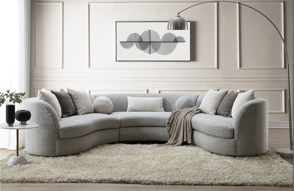 Acme LV02541 3 pc Ivria grey boucle fabric curved wrap around design sectional sofa with rounded back and arms