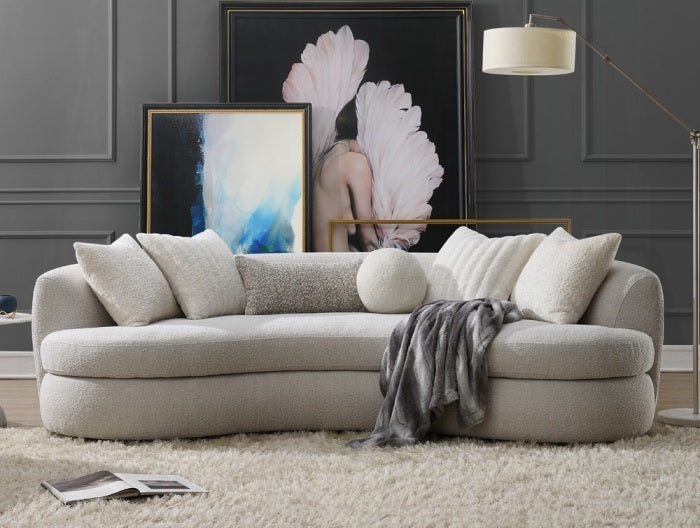 Acme LV02542  Iniko beige boucle fabric curved wrap around design sofa with rounded back and arms