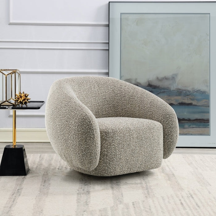 Acme LV02568 Isabel brown boucle fabric swivel accent chair rounded back overstuffed design