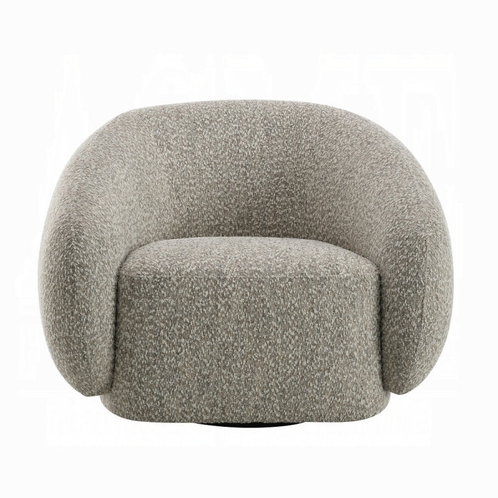 Acme LV02568 Isabel brown boucle fabric swivel accent chair rounded back overstuffed design