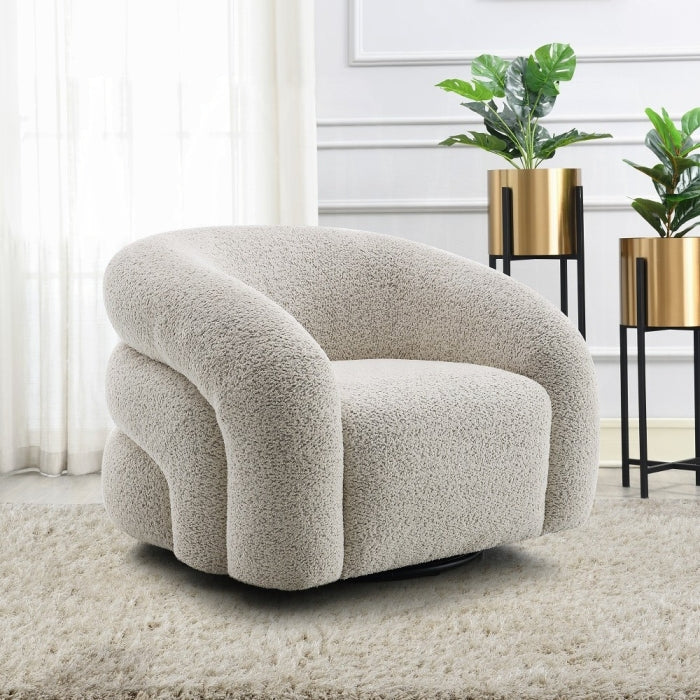 Acme LV02569 Irma grey boucle fabric swivel accent chair rounded back overstuffed design