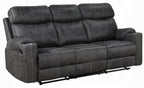 Acme LV02570-71 2 pc Hirah dark grey polished microfiber sofa and love seat set motion recliner ends cup holders and console wedge