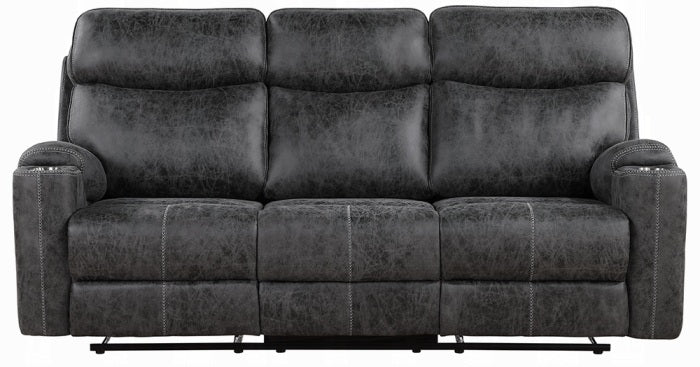 Acme LV02570-71 2 pc Hirah dark grey polished microfiber sofa and love seat set motion recliner ends cup holders and console wedge