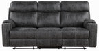 Acme LV02570-71 2 pc Hirah dark grey polished microfiber sofa and love seat set motion recliner ends cup holders and console wedge