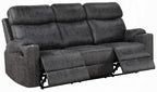 Acme LV02570-71 2 pc Hirah dark grey polished microfiber sofa and love seat set motion recliner ends cup holders and console wedge