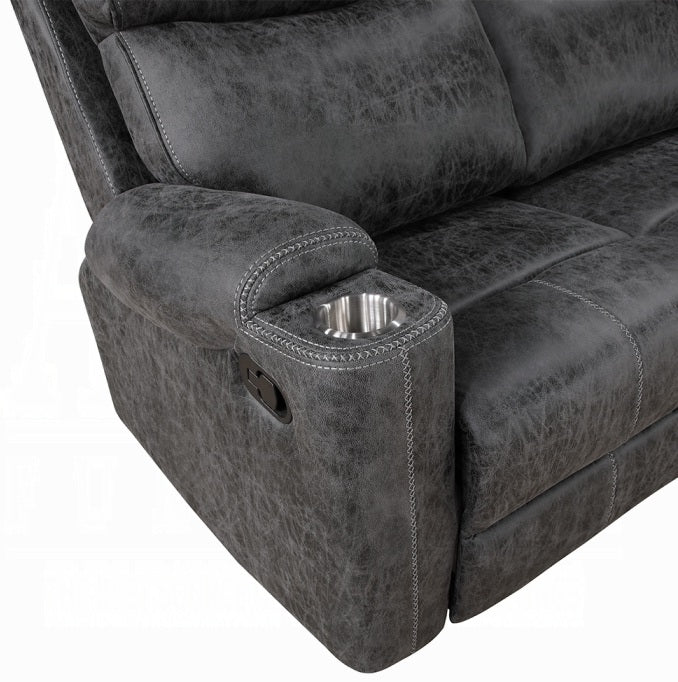 Acme LV02570-71 2 pc Hirah dark grey polished microfiber sofa and love seat set motion recliner ends cup holders and console wedge