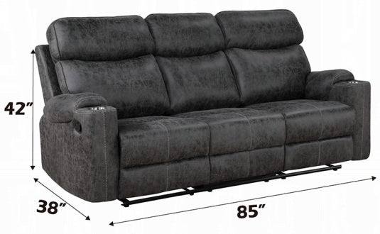 Acme LV02570-71 2 pc Hirah dark grey polished microfiber sofa and love seat set motion recliner ends cup holders and console wedge