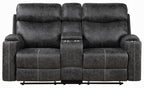Acme LV02570-71 2 pc Hirah dark grey polished microfiber sofa and love seat set motion recliner ends cup holders and console wedge