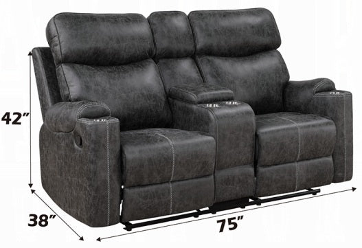 Acme LV02570-71 2 pc Hirah dark grey polished microfiber sofa and love seat set motion recliner ends cup holders and console wedge