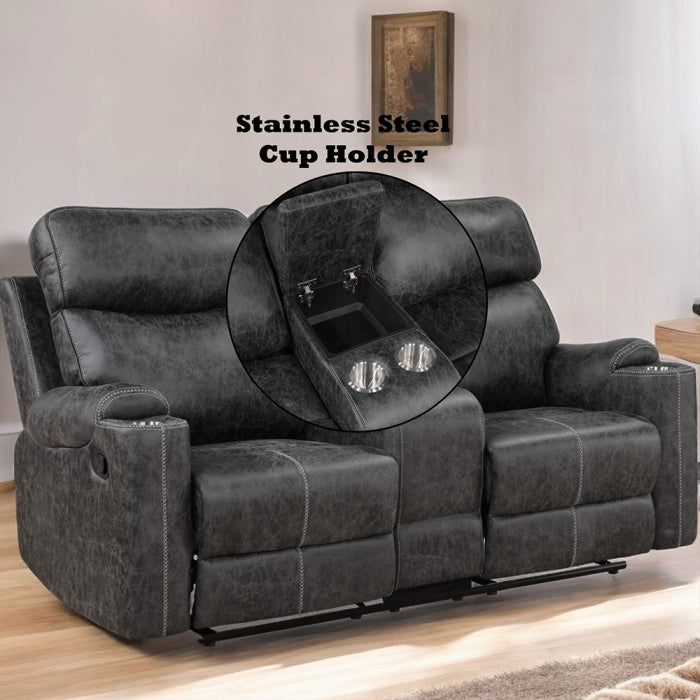 Acme LV02570-71 2 pc Hirah dark grey polished microfiber sofa and love seat set motion recliner ends cup holders and console wedge