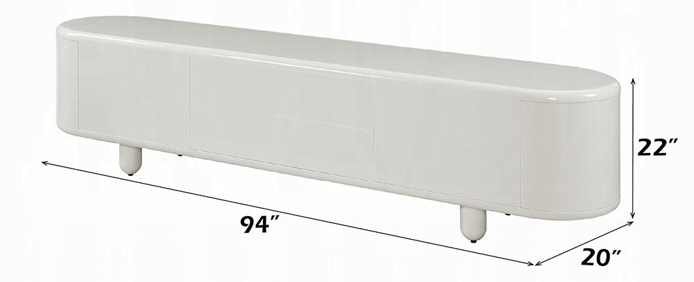 Acme LV02608 Keely white high gloss modern finish wood 94" wide tv stand with multiple drawers and side cabinets